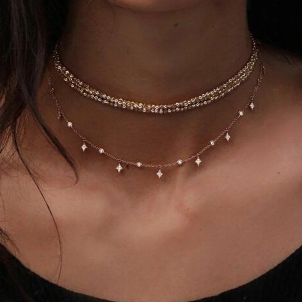 

Chadestinty Women Jewelry Bohemia Choker Necklace Boho Beach Gold Color Multilayer Beads Chokers Simple Crystal Pendants bijoux