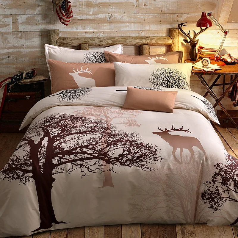 100 Coton Literie Ensemble Cerf Arbre Impression Queen Size Linge De Lit Lit Vetements Drap Housse De Couette Aliexpress