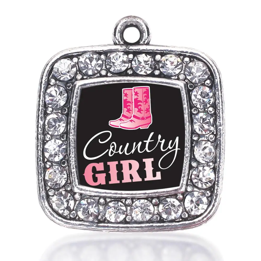 

COUNTRY GIRL SQUARE CHARM ANTIQUE SILVER PLATED CRYSTAL JEWELRY