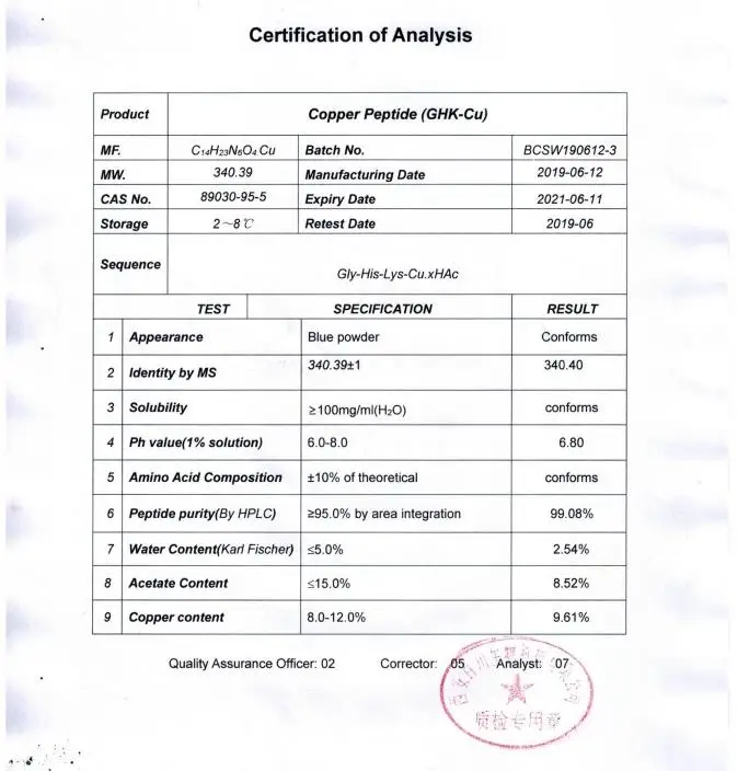 Воде Медь пептид GHK-CU Глицил-л-гистидиловые-л-лизин для использования в домашних условиях 1 грамм