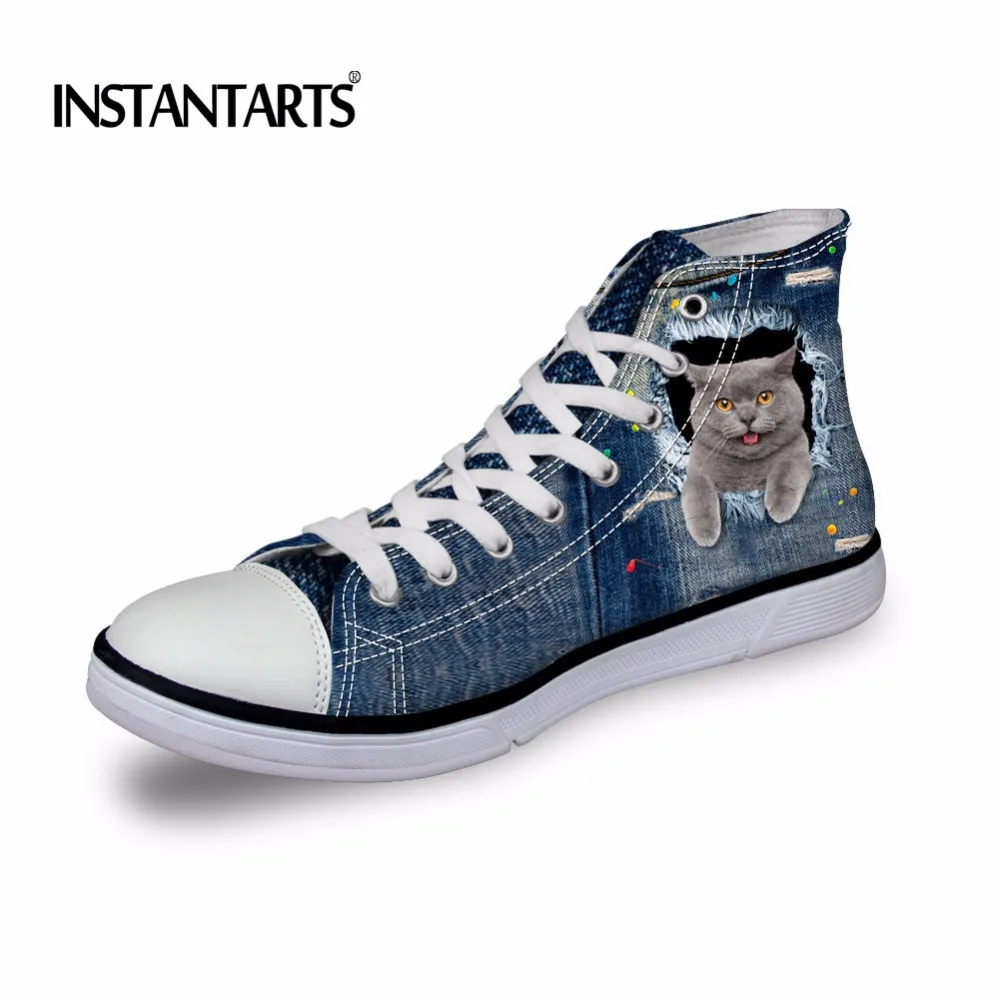 INSTANTARTS/Мужская Вулканизированная обувь с высоким берцем; милая джинсовая классическая мужская парусиновая обувь на шнуровке с 3D-принтом кота; модные кроссовки