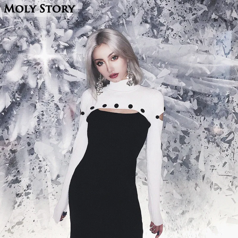 Prix Dames Hot Sexy Manches Longues Mini Robe Maigre Crayon Tricoté Pull Robes Slim Robe Femme Noir Blanc Col Roulé Robe Femmes