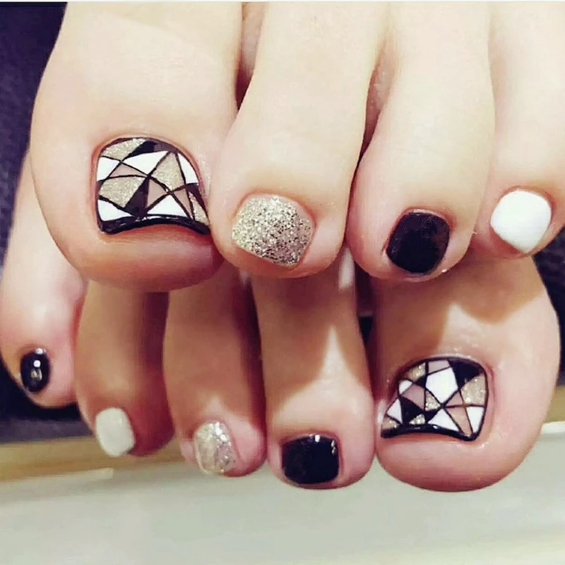 

Silver Black Broken Glass Artificial False Toe Nails Short Fake Toenails Press On Toenails With Design T001