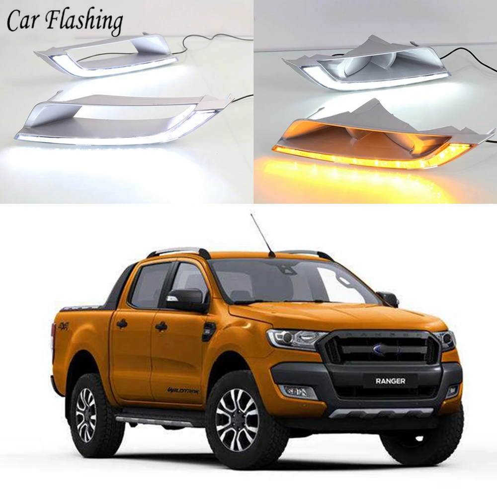 

Car Flashing 2PCS For Ford Ranger 2015 2016 2017 2018 LED DRL Daytime Running Light Daylight Fog Lamp yellow turn Signal Lamp