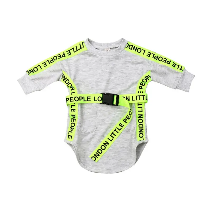 

2019 Autumn Clothes Kids Baby Girl Dress Fluorescent Band Long Sleeve Sport Dress with Belt Child Girl Pullover Dresses 0-5Y