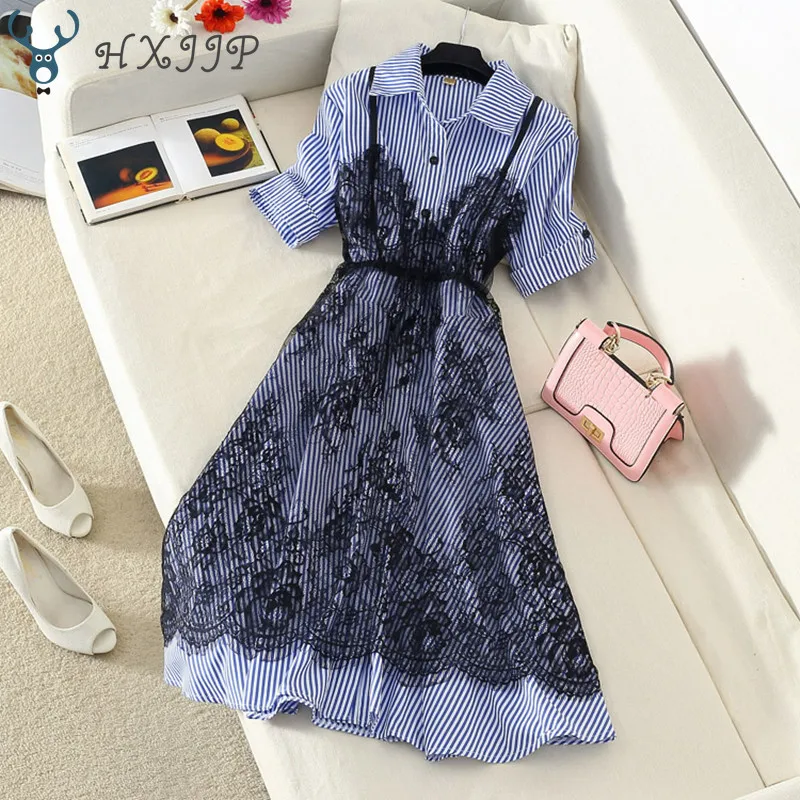 

HXJJP High Quality 2 piece set Women 2019 Summer Short Sleeve Striped Long Shirt Dress and Sexy Spaghetti Strap Lace Dress Sets