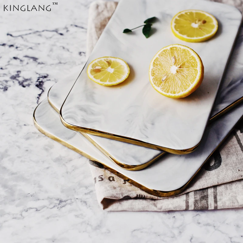 

10inch or 12 inch Heavy Rectangle Long Shape Plate Golden Slim Edge Marble Board High Quality Marble Ceramic Kitchen Tableware