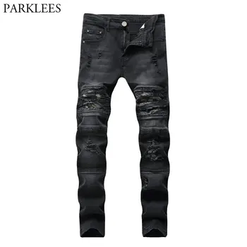 

Black Skinny Ripped Biker Jeans Men 2018 Casual Wash Cotton Slim Fit Hole Destroyed Jeans Pants Mens Hip Hop Damage Jeans Homme