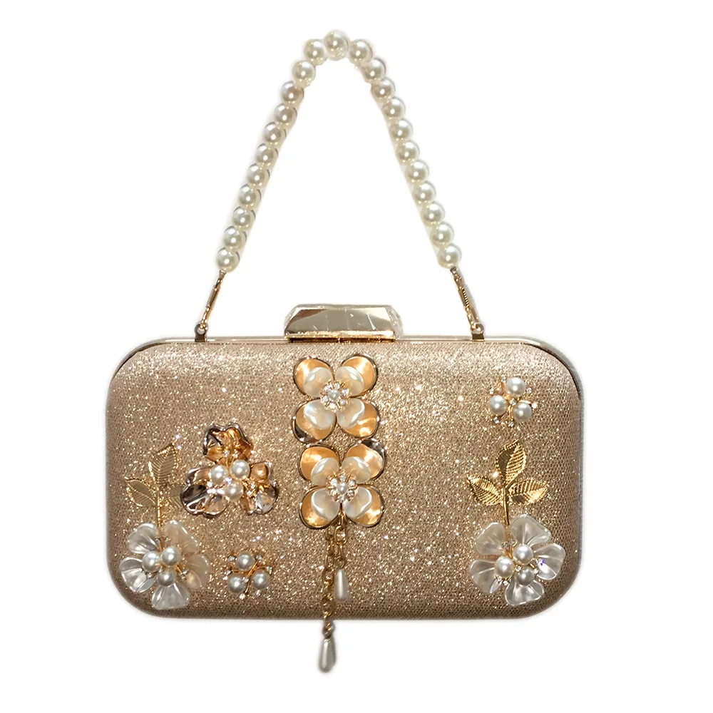 

Chic Evening Totes with Beautiful Pearls and Flowers for Women, Evening Clutch with Detachable Chain ,great for Dating
