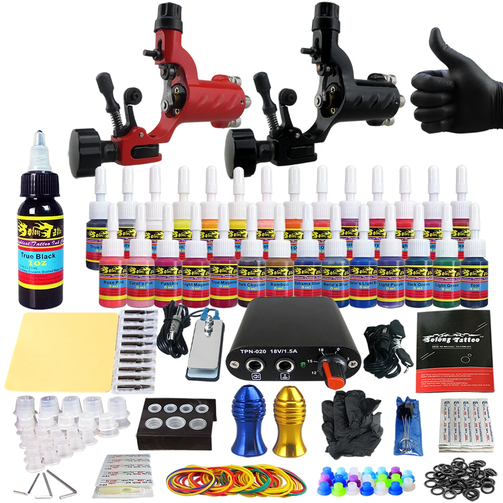 

Solong Tattoo Complete Tattoo Kit for Beginner Starter 2 Pro Machine Guns 28 Inks Power Supply Needle Grips Tips TK204-16