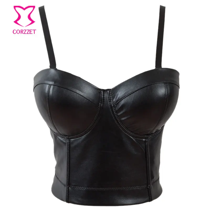 Black PU Leather Soutien Gorge Push Up Bralette Crop Top