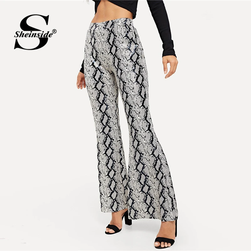 Sheinside Fashion Snake Skin Slant Pocket Flare Leg Pant Women 2019 Spring High Waist Zipper 
