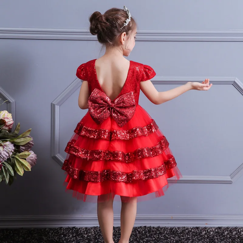 Платье-пачка принцессы многослойное Сетчатое платье с блестками праздничное платье с открытой спиной и бантом для девочек элегантные свадебные платья для девочек K1-1628