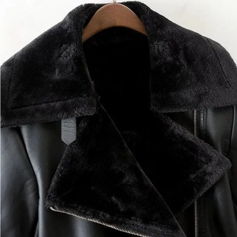 Зимняя утепленная теплая кожаная куртка женская одежда пальто с мехом высококачественное Женское пальто с молниями и поясом мотоциклетное пальто