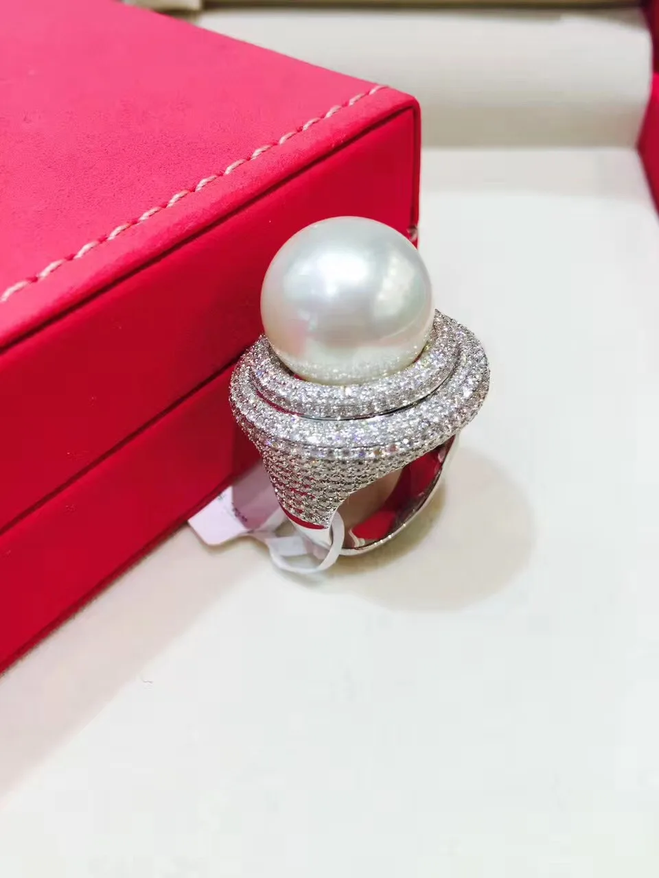 14-15 мм большой натуральный Southsea Pearl Ring белый 18 К белого золота с настоящий бриллиант Fine Jewelry полный diamond