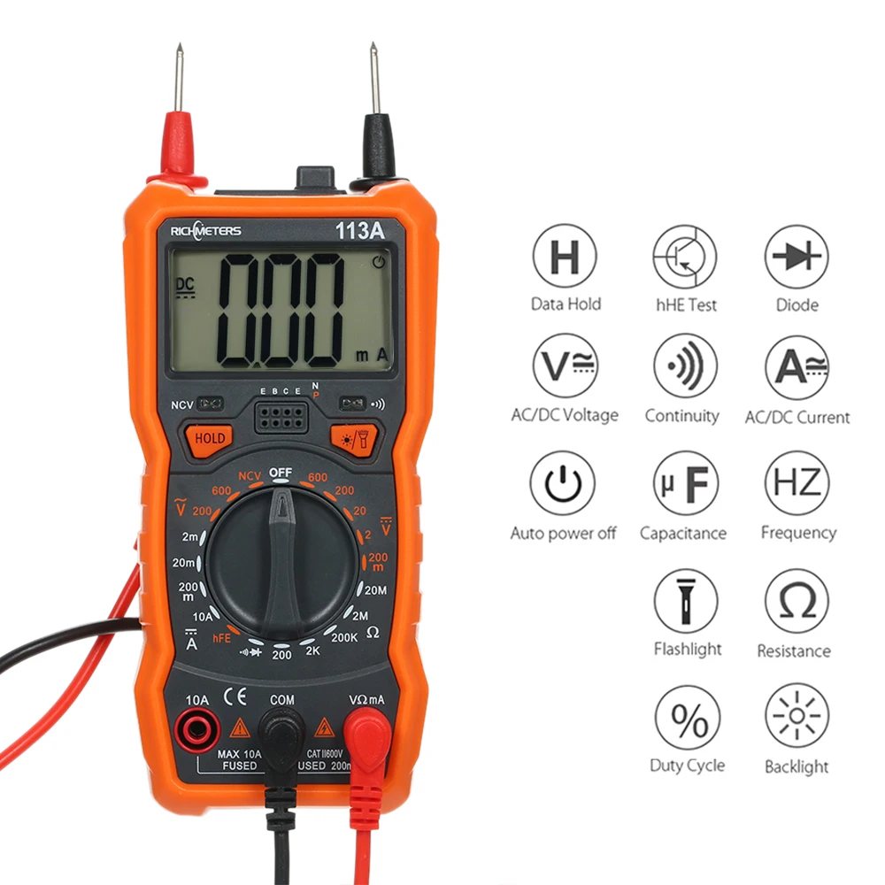 

RICHMETERS RM113A NCV Digital Multimeter 2000 Counts HFE AC/DC Voltage Tester Measuring Meter with Backlight Multi-meter