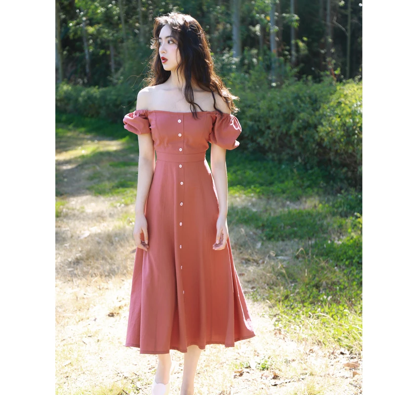 

Ladies Vintage Midi Dress Casual Elegant Women Summer Dress Short Sleeve Off Shoulder Slash Neck Button Vestidos Streetwear