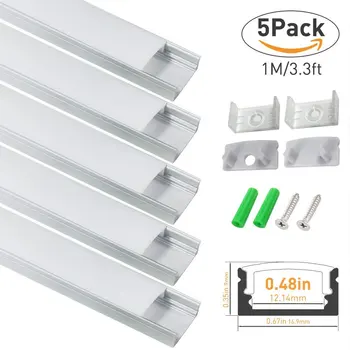 

5Pack 3.3ft/1M Silver 12mm LED Aluminum Channel kit with Milky Cover, End Caps and Clips for LED Strip Light Installations-U02