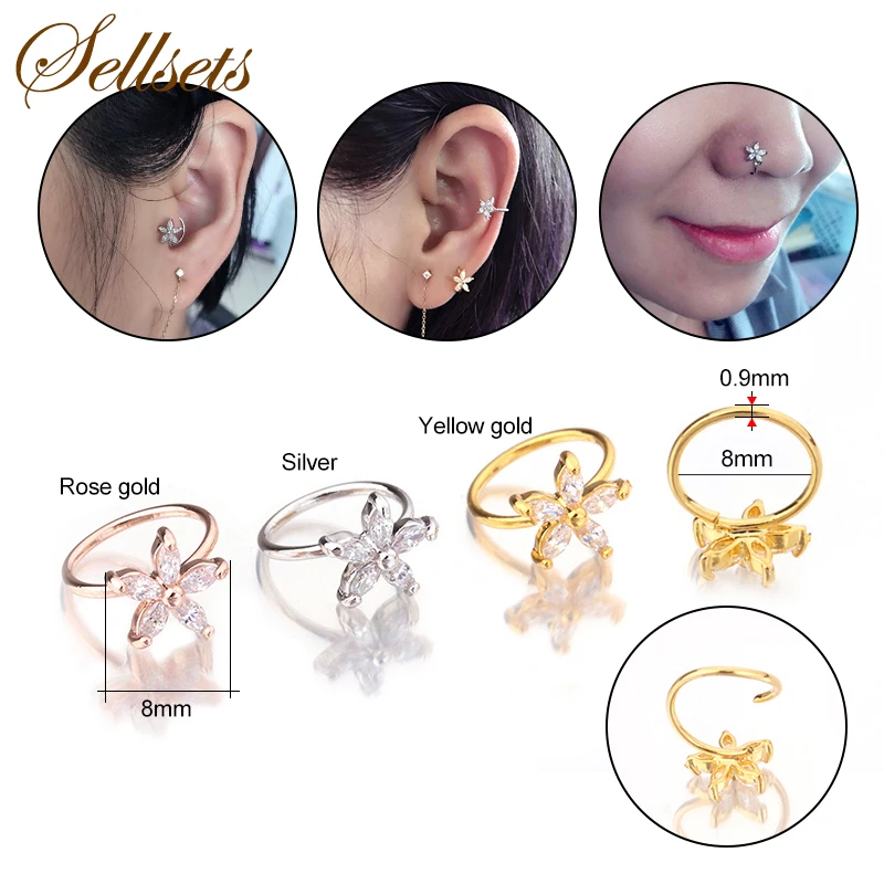 Серьги кольца Sellsets с фианитами для пирсинга носа раковины завитка ушной
