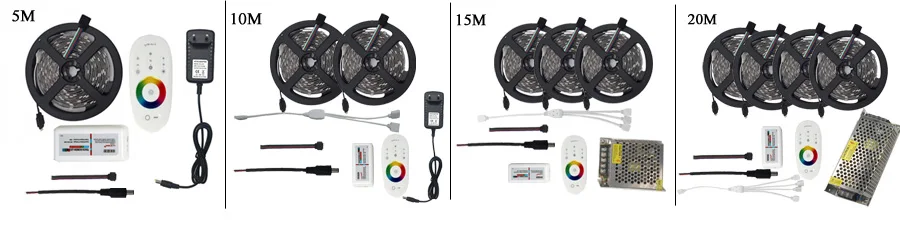 5 м 10 м 15 м 20 м RGB Светодиодные ленты света 5050 SMD 60 светодио дный s/M ленты свет + MiLight Сенсорный экран РФ контроллер + DC12V адаптер питания полный