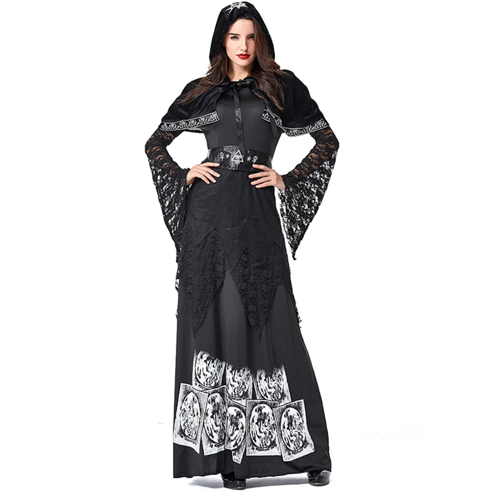 

Long Sleeves Black Magic Sorceress Gothic Fancy Dress Cosplay Witch Costume Sexy Adult Halloween Costumes for Women