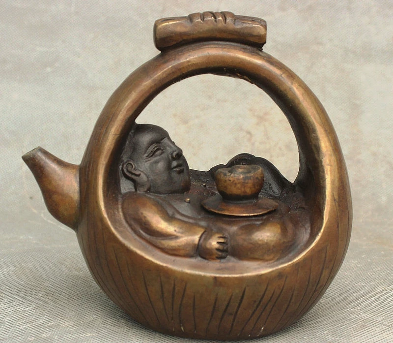 

Collect Old China Bronze Happy Laugh Maitreya Buddhas Wine Tea Pot Flagon Statue