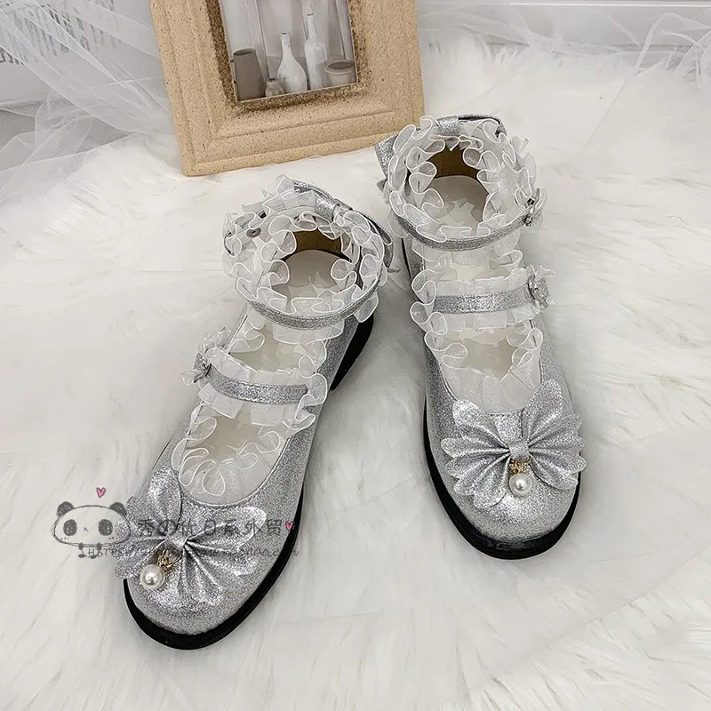 Kawaii/вечерние туфли в стиле Лолиты для девочек; туфли принцессы с бантом и кружевом; обувь в японском стиле на среднем каблуке для костюмированной вечеринки; обувь в стиле Лолиты