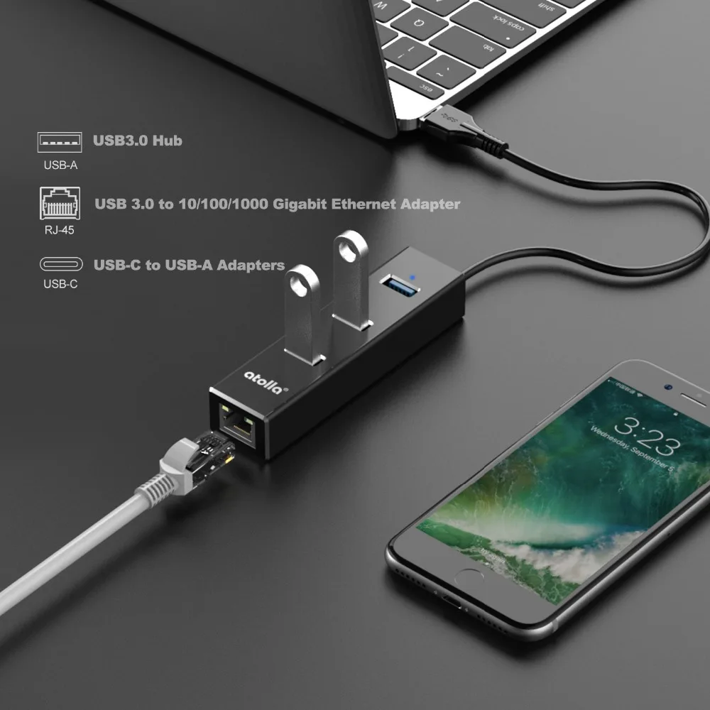 Atolla USB 3,0 Hub Ethernet с USB C сетевой адаптер переменного тока, 3 Порты и разъёмы USB разветвитель Gigabit Ethernet концентратор для Macbook, Mac Pro/mini, iMac