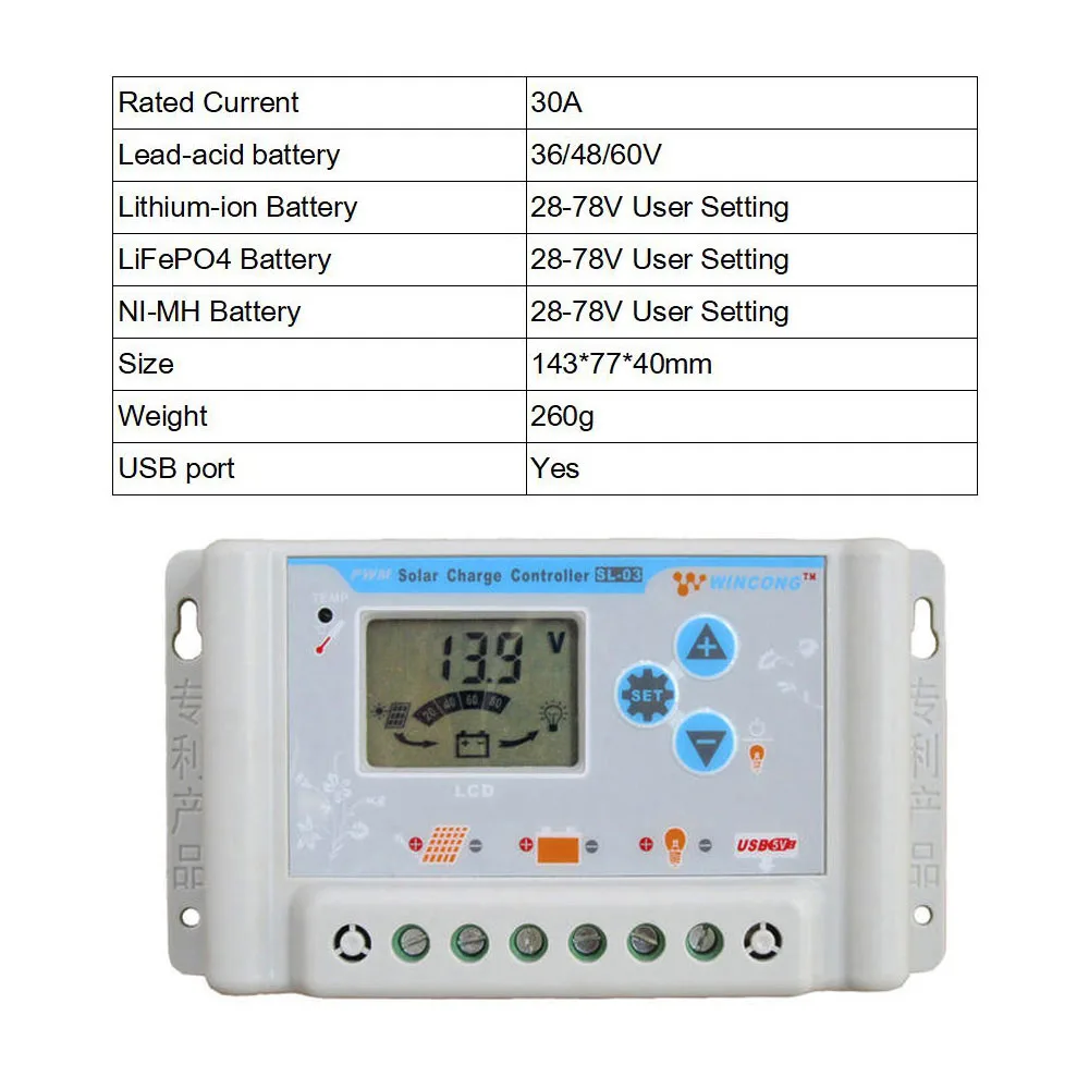 PWM Wincong Солнечный контроллер заряда 30A 10A 20A 3A 6 в 12 В 24 в 48 в 60 в литий-ионный Ni-MH LiFePO4 батарея - Цвет: SL03-4830A