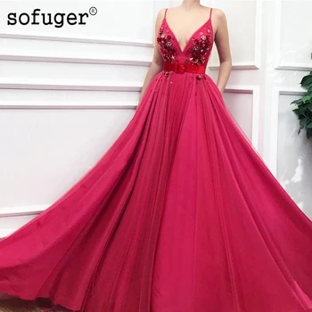 

Red Sexy V Neck Sleeveless Sofuge Belt Evening Dresses Tulle Arabic Muslim Special Occasion Formal Evening Gown Robe De Soiree