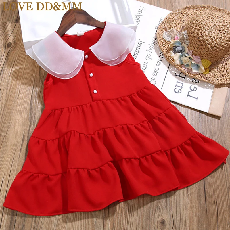 Платья для девочек с надписью «LOVE DD& MM» Новинка года, летняя детская одежда милое Двухслойное шифоновое платье принцессы без рукавов с кукольным воротником для девочек - Цвет: Красный