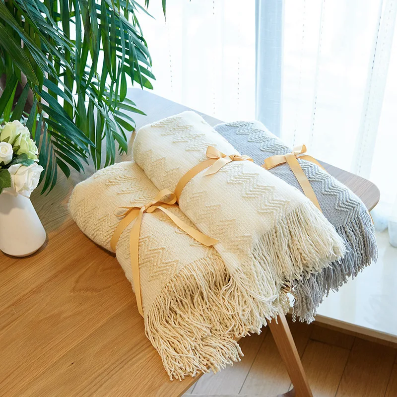 New Blanket with Tassel Solid Beige Grey Throw Blanket for Bed Sofa
