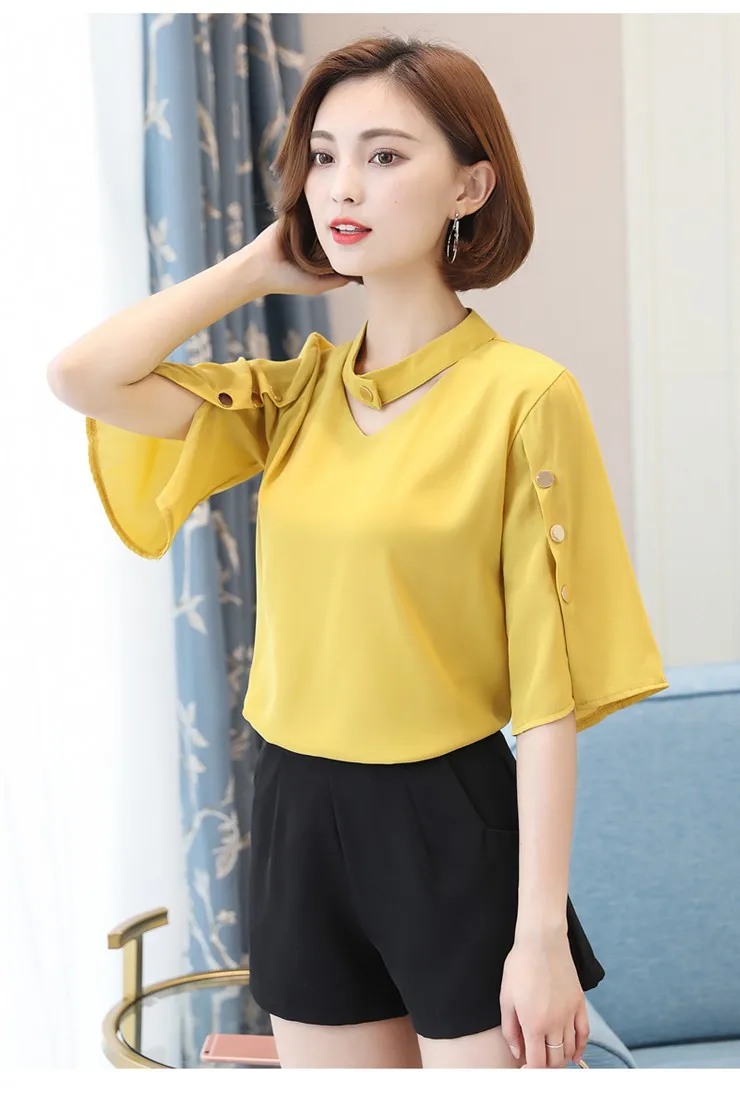 Blouse Shirt Women 2018 Korean Style V-neck Tops Ladies Chiffon Blouse Button Short Sleeve White Shirts Summer Blusas Mujer (9)