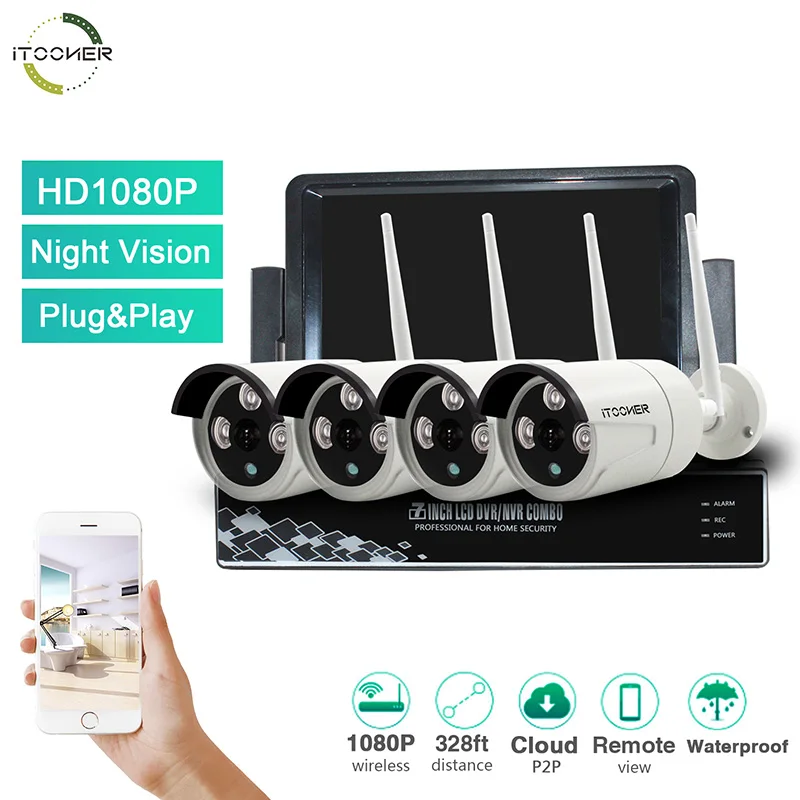 

4CH wifi camera kit 1.3MP IP outdoor camera wireless NVR with screen Plug and Play P2P Night Vision 4 Camera Surveillance Kit