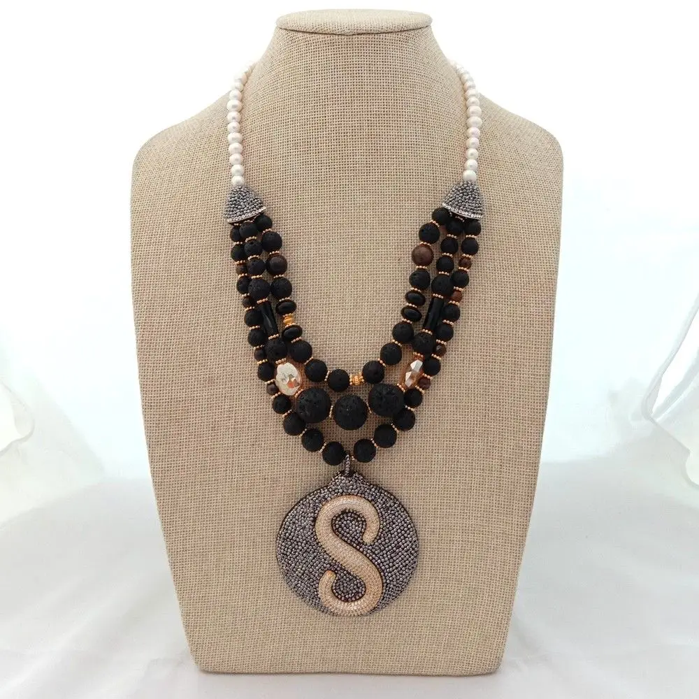 

Women's 20" 3 Rows Black Lava Bronzite Necklace CZ Pave Pendant