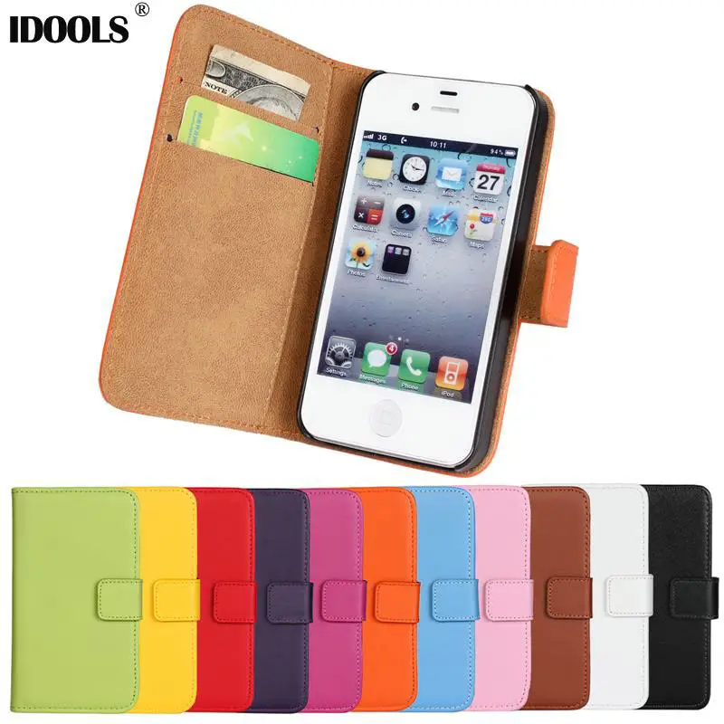 Goede Echt Lederen Case voor iPhone 4 4 S Flip Stand Telefoon Achterkant Portemonnee met Kaartslot Boek Stijl Bruin Wit IDOOLS