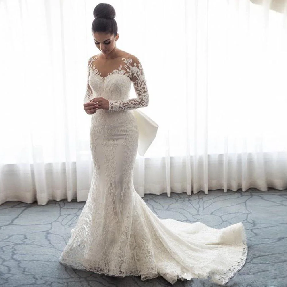Роскошное Русалка свадебное платье отвесная шея с длинными рукавами кружева аппликация лук юбки Часовня Поезд невесты платье Vestido de noiva