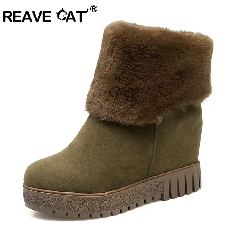 

REAVE CAT Free Shipping Size 33-44 Women Wedges Mid Calf Snow Boots Women Plush Fur Winter Thick Platform Slip On Shoes Women A0