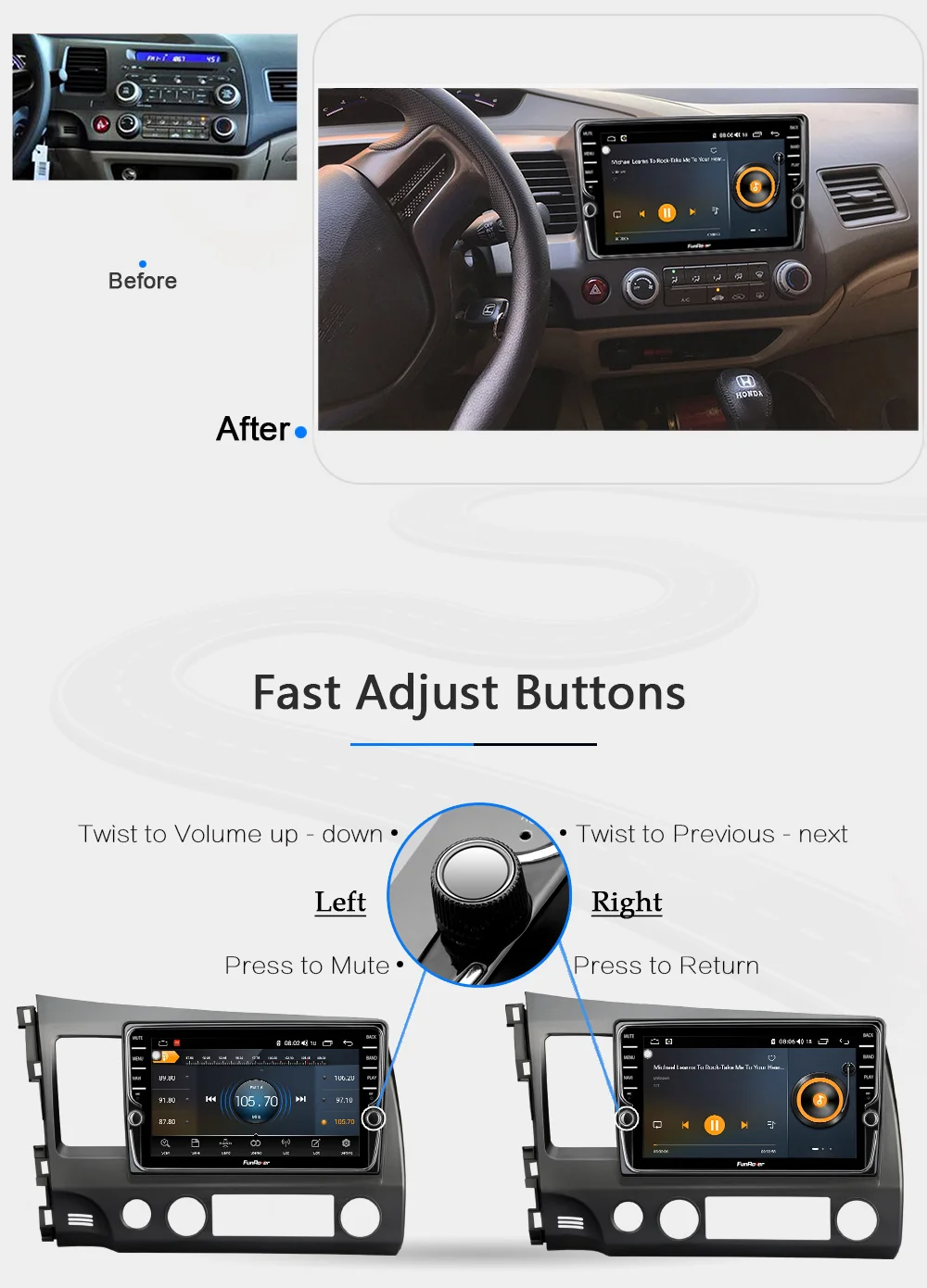 Excellent Funrover 2 din car multimedia dvd player android9.0 gps stereo for Honda Civic 2006-2011 4G+64G navigation tape recorder DSP LTE 12