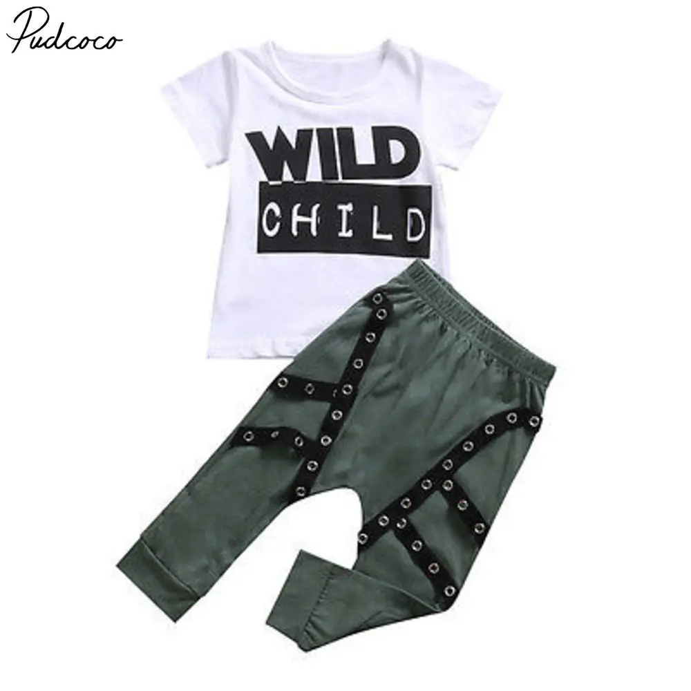 

Helen115 Casual Kid Baby Boys Summer Letter Short Sleeve T-shirt+Green Pants 2PCS Set 3M-3Y