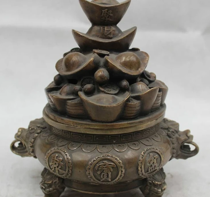 

9"Marked Chinese Folk Copper Wealth Dragon Treasure Bowl Incense Burner Censer