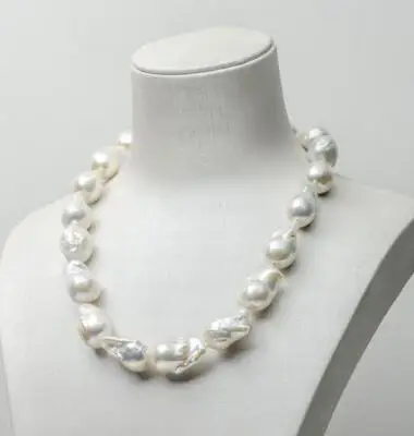 

Free Shipping 925 Silver Baroque White Freshwater Cultured Kasumi Pearl Necklace 14-18mm 17.8