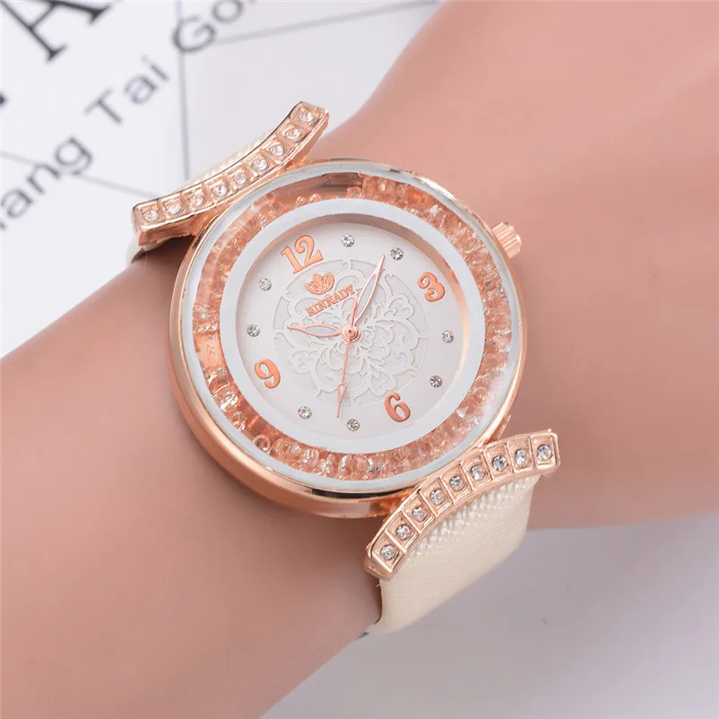 Новые женские Модные Аналоговые кварцевые наручные часы с кожаным ремешком и бриллиантами, женские часы-браслет, Прямая поставка