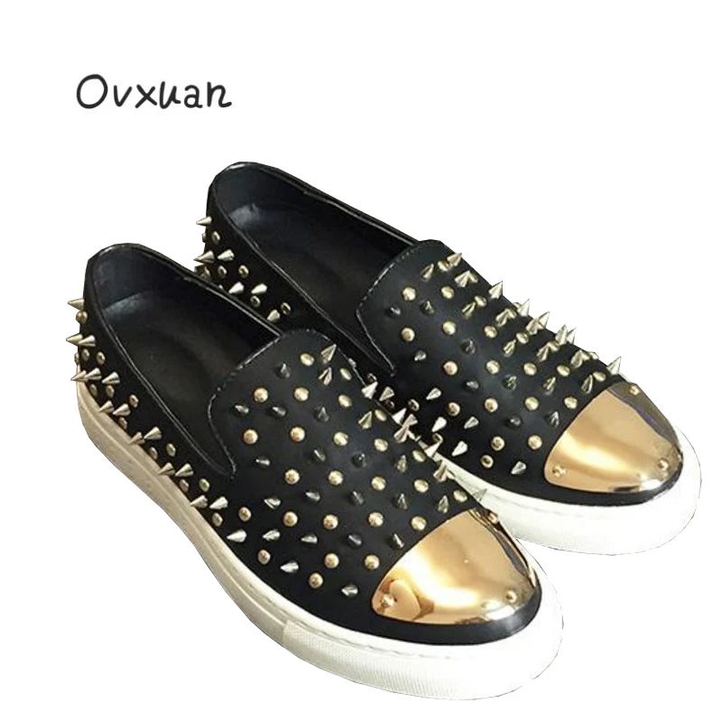 

Ovxuan Genuine Leather Men loafers Metal toe Rivet surface design party wedding man flats Handmade Spiked Loafers Rivet shoes