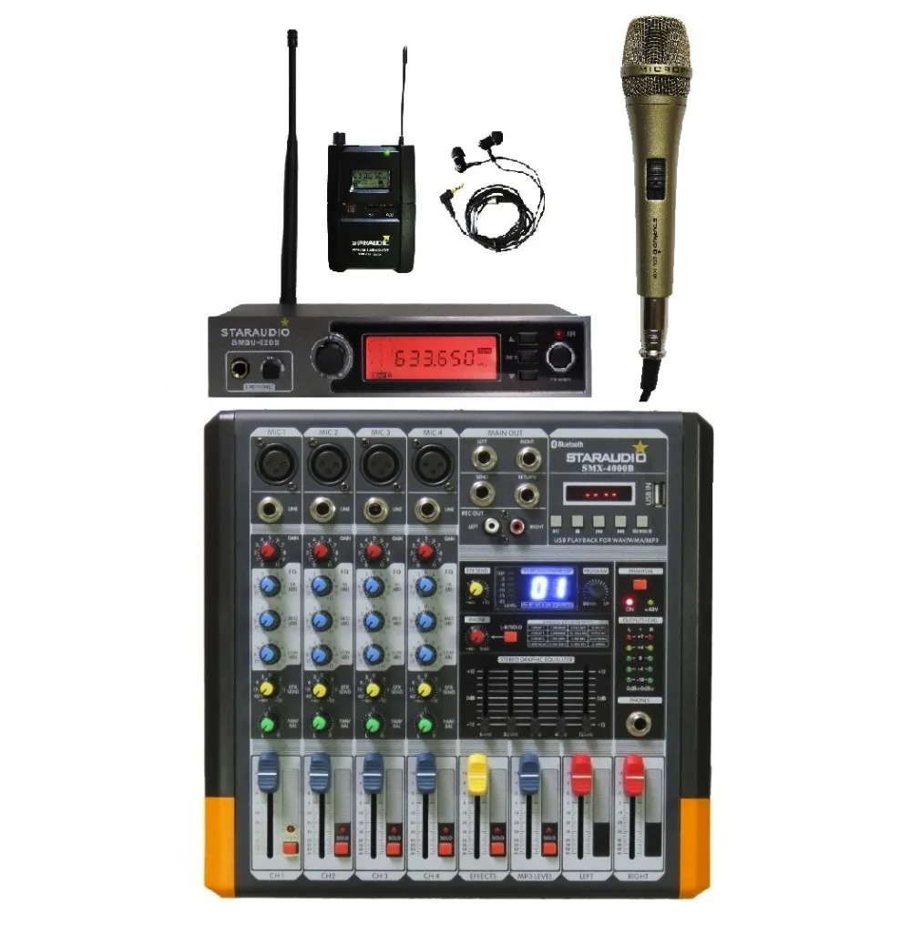 STARAUDIO Pro 4 Channel Powered Mixing Console DJ Audio Amplifier Mixer W/ UHF Stereo In-Ear Monitor Mic 1 Wired Mic STARAUDIO Pro 4 Channel Powered Mixing Console DJ Audio Amplifier Mixer W/ UHF Stereo In-Ear Monitor Mic 1 Wired Mic