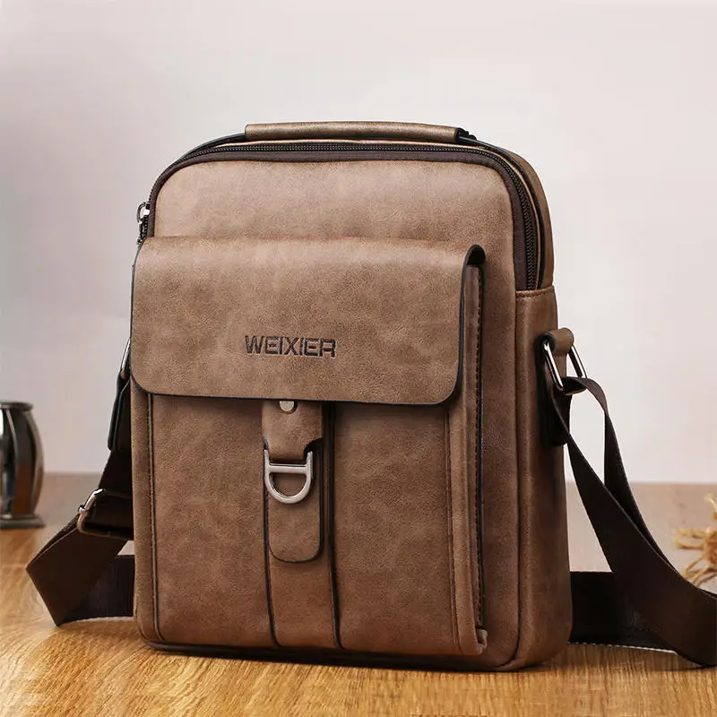 WEIXIER Messenger Bags PU Leather Men Designer High Quality New Fashion Shoulder Bag Casual Zipper Office Messenger Bags - Цвет: Khaki