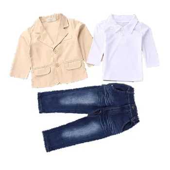 

Cream Coat Jacket + White Tshirt Blouse + Cowboy Denim Pants 3PCS Child Kids Boys Clothing Outfits Baby Little Boy Clothes Sets