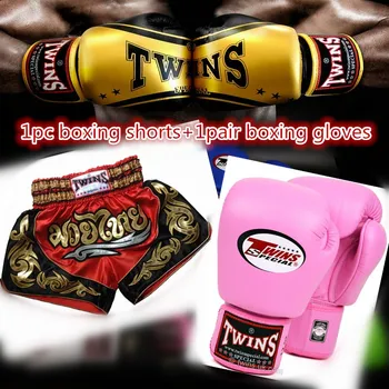 

1 Pair Boxing Gloves+1 pc Muay Thai Shorts For Adult Women Boxing Pants Men's Sport Clothes Boxeo Free Combat Pants Golden Flame