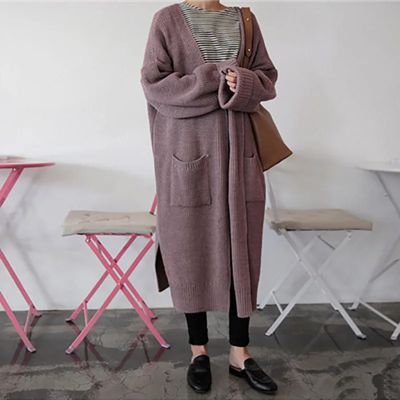 Winter Spring Fashion Casual Clothing Ladies Sweater Long Knit Sweater Women Large Full Sleeve Coat Black Solid Cardigan