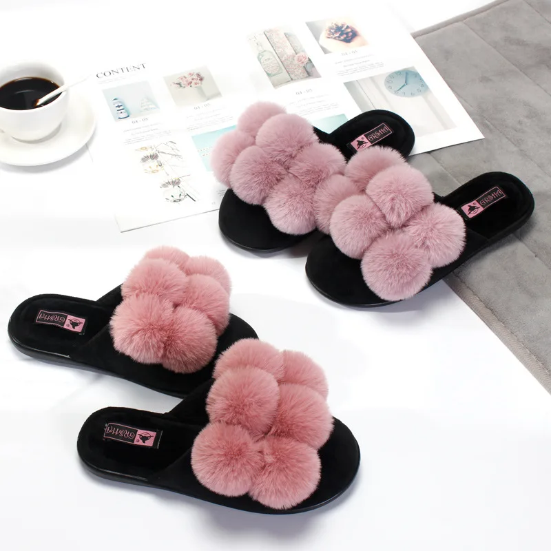 

hairy pompon decorate closed toe mules woman winter warm home slippers fashion outdoor slides woman flip flops furry slippers